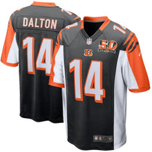 Load image into Gallery viewer, Youth Cincinnati Bengals Andy Dalton Nike Black 50th Anniversary Patch Game Jersey