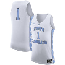 Load image into Gallery viewer, Men's Jordan Brand #1 White/Light Blue North Carolina Tar Heels Authentic On-Court Basketball Jersey