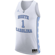 Load image into Gallery viewer, Men's Jordan Brand #1 White/Light Blue North Carolina Tar Heels Authentic On-Court Basketball Jersey