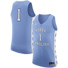 Load image into Gallery viewer, Men's Jordan Brand #1 White/Light Blue North Carolina Tar Heels Authentic On-Court Basketball Jersey