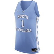 Load image into Gallery viewer, Men's Jordan Brand #1 White/Light Blue North Carolina Tar Heels Authentic On-Court Basketball Jersey